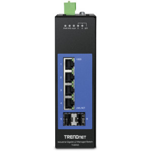 TRENDnet TI-G642i 6-Port Ethernet Switch, 4 Gigabit ethernet ports, 2 Gigabit SFP slots, 12 Gbps switching capacity, DIN-rail/wall mount